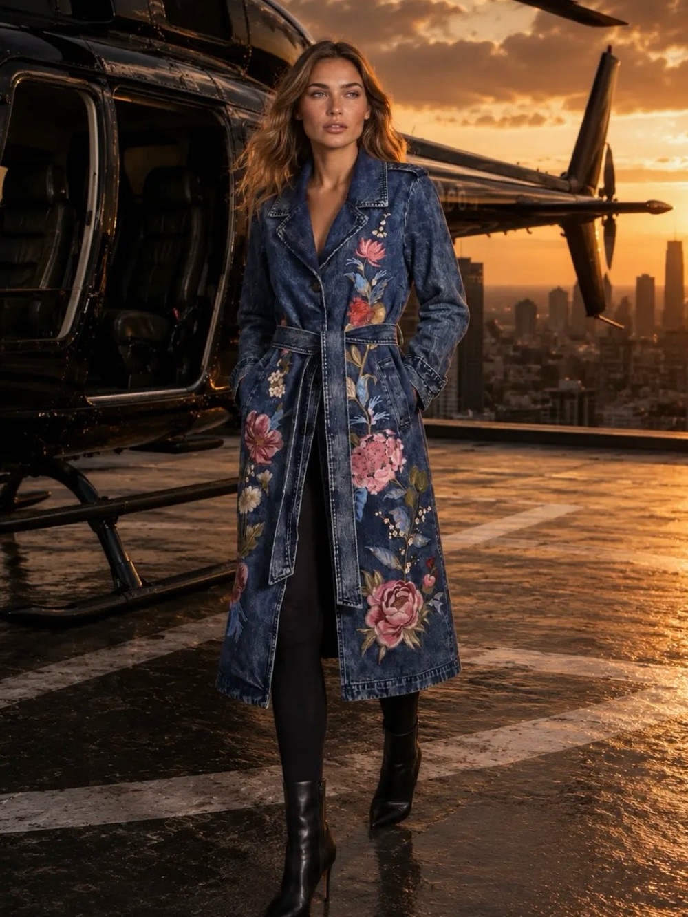 Embroidered
Denim Trench Coat